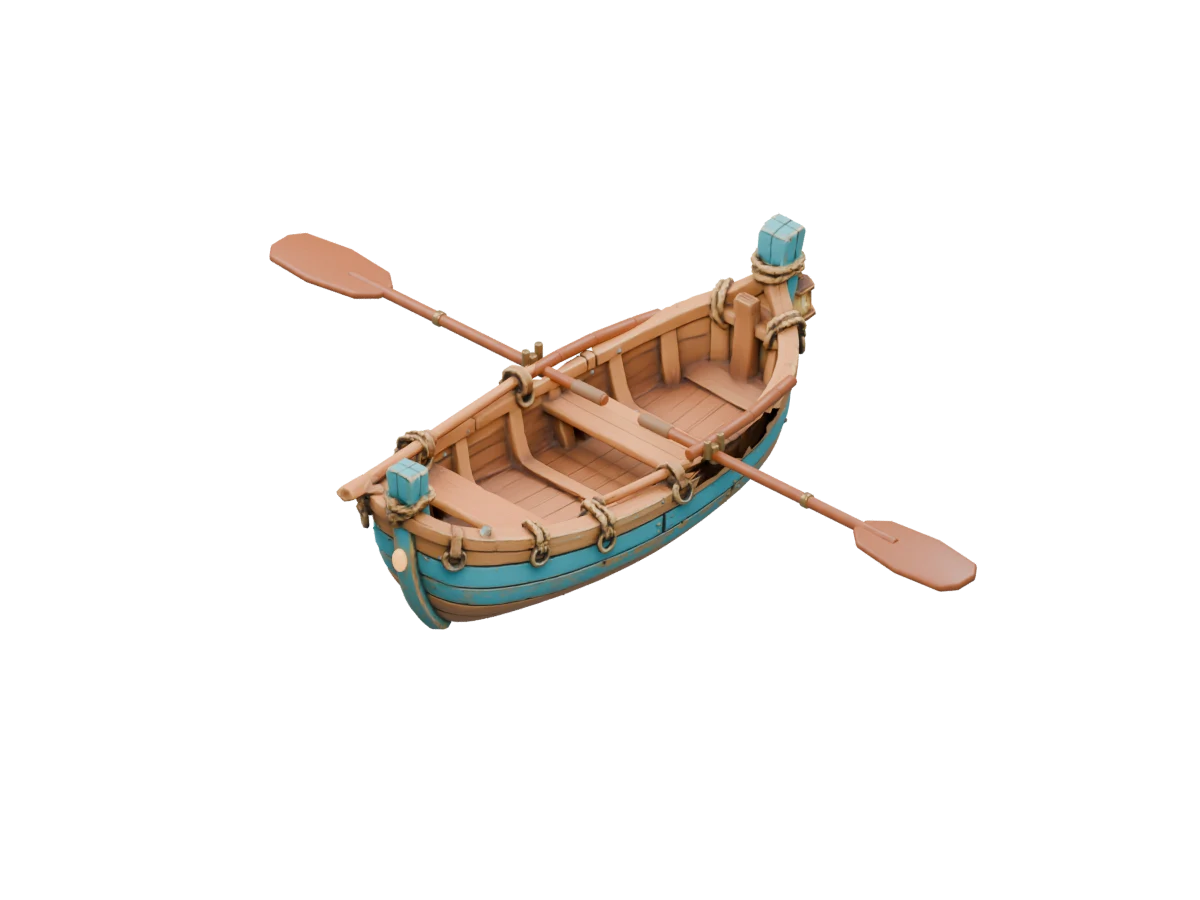 The original Loot Guilds wooden rowboat with turquoise hull, seats, bronze oarlocks and separate wooden oars