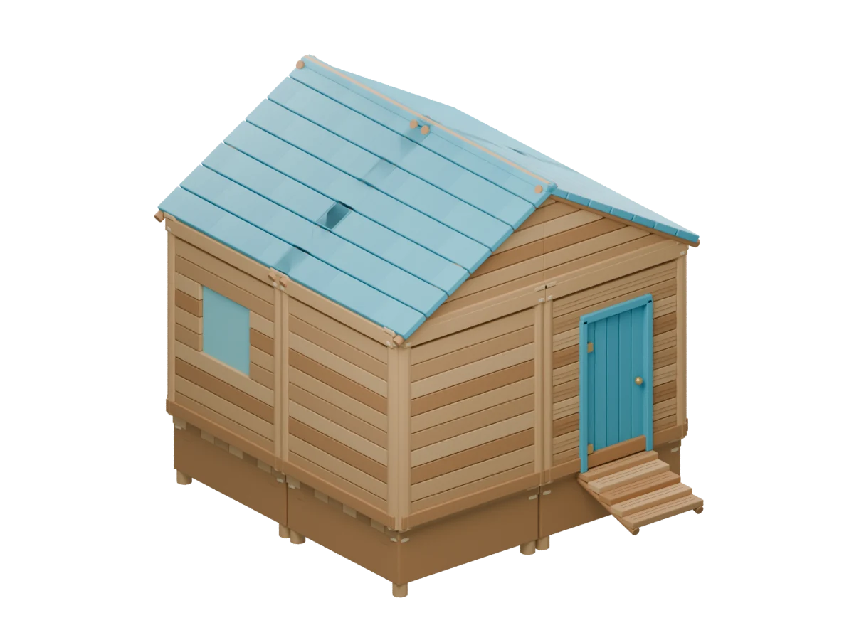 A modular wooden island cabin with a teal roof, rendered from the real game building modules